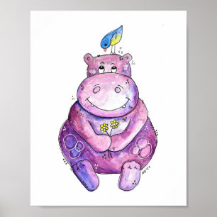 Affiche Hippo mignon violet blanc