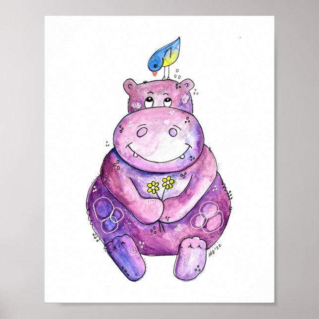 Affiche Hippo mignon violet blanc (Devant)