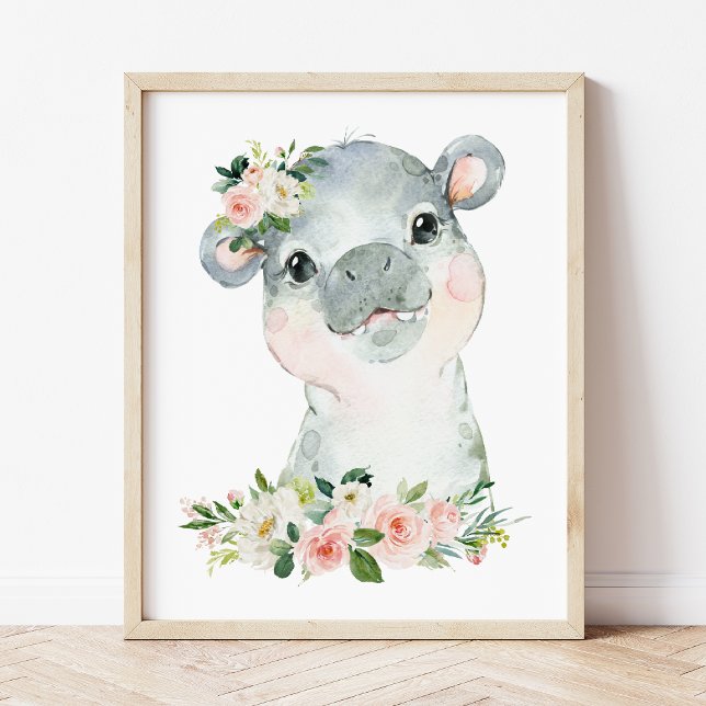 Affiche Hippo, Safari, Jungle, Fleurs roses, Pépinière (Créateur téléchargé)