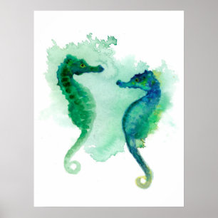 Affiche Hippocampe bleu vert à baldaquin blanc