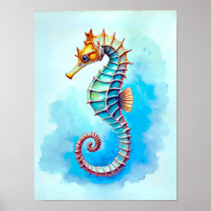 Affiche Hippocampe d'aquarelle sur Turquoise