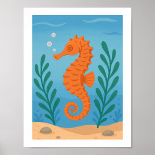 Affiche Hippocampe Rétro Sous-Marin Nautilus Côtière Marin