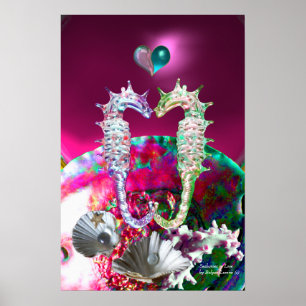 AFFICHE HIPPOCAMPES AMOUREUX, PERLE ROSE TEAL BLEU MÈRE