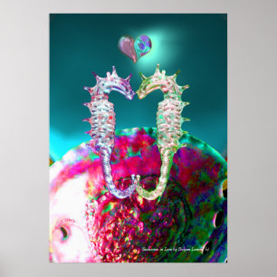 Affiche HIPPOCAMPES AMOUREUX , PINK TEAL BLEU Nacre