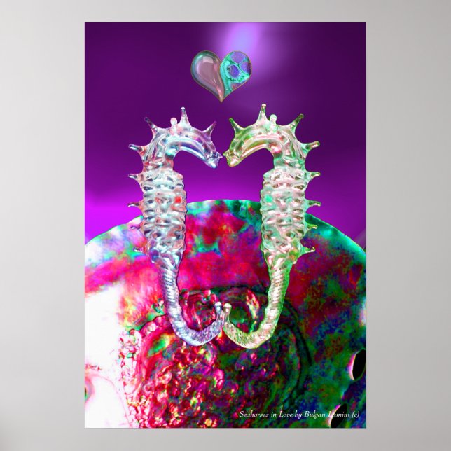 AFFICHE HIPPOCAMPES AMOUREUX ROSE BLEU VIOLET NACRE (Devant)