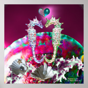 AFFICHE HIPPOCAMPES AMOUREUX , ROSE TEINTÉ DE BLEU PERLE D