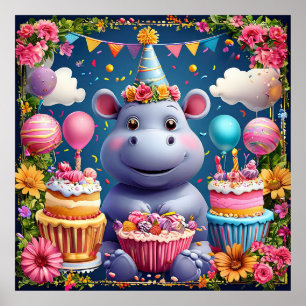 Affiche Hippopotame d'anniversaire avec gâteau et ballons