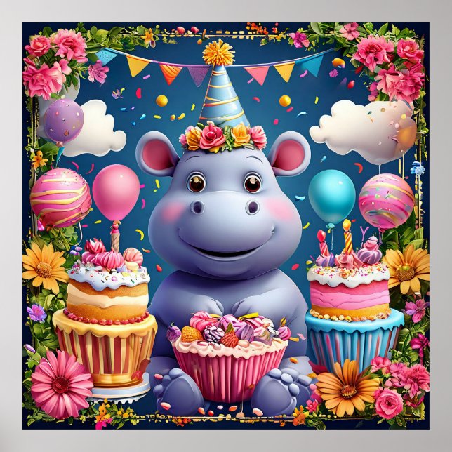 Affiche Hippopotame d'anniversaire avec gâteau et ballons (Devant)