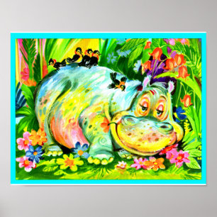 Affiche hippopotame et oiseaux aux couleurs vives