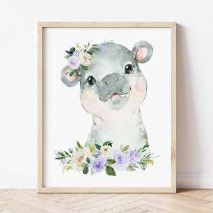 Affiche Hippopotame, Safari, Fleurs Violettes, Mixte