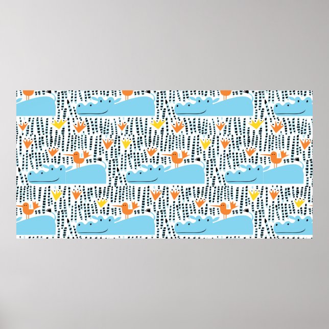 Affiche Hippopotames et oiseaux dans le lac sans soudure m (Devant)