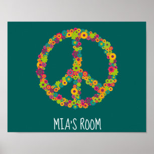 Affiche Hippy signe de paix fleurs chambre filles