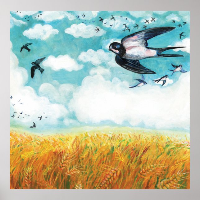 Affiche Hirondelles sur un champ de blé Illustration (Devant)