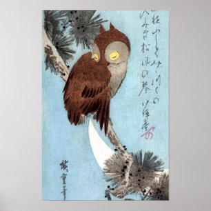 Affiche Hiroshige - Chouette à cornes, pin et lune à crois