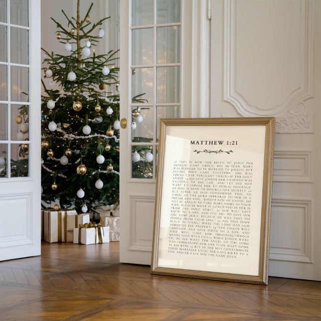 Affiche Histoire de la Nativité de Noël Matthieu 1:21 Impr (Against the wall, there is a framed Christian scripture print about nativity story Matthew 1:21.)
