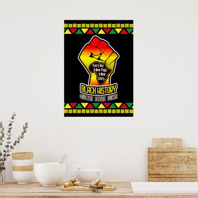 Affiche Histoire noire avec carte de l'Afrique et poing su (Cuisine)