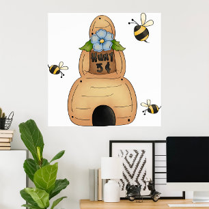 Affiche Hive d'abeille au miel avec fleurs bleues et abeil