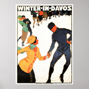 Affiche HIVER À DAVOS Patinage suisse Ski Vintage
