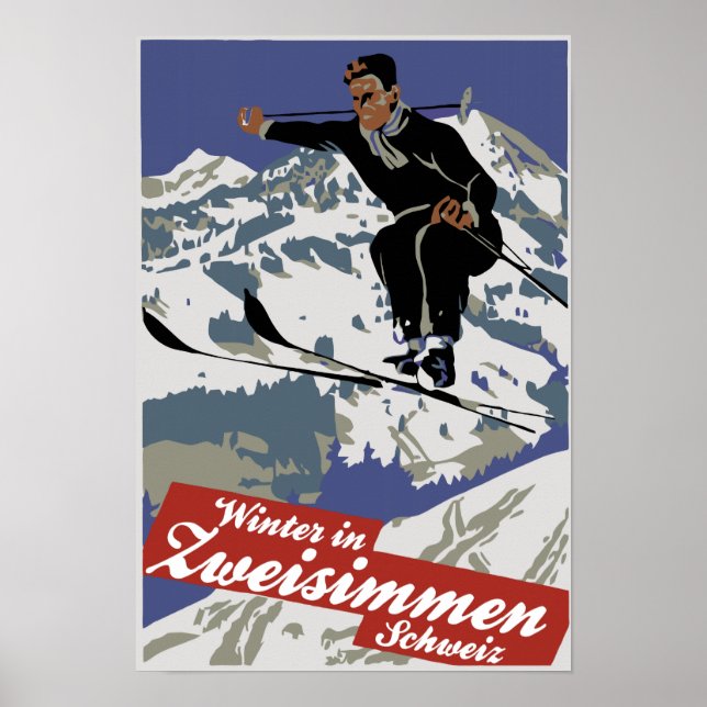 Affiche Hiver à Zweisimmen, ski voyage vintage et (Devant)
