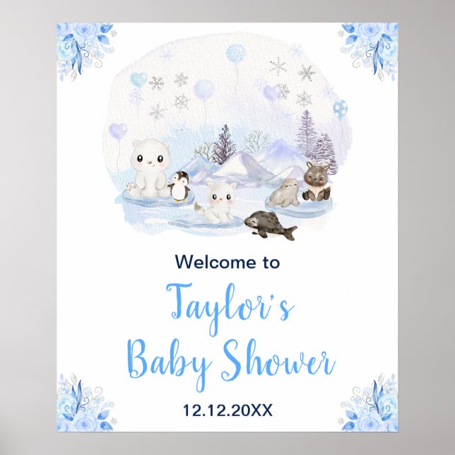 Affiche Hiver Arctique Animaux Baby shower Bienvenue (Devant)