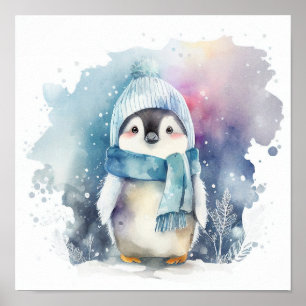 Affiche Hiver Baby Penguin aquarelle pépinière décor impri