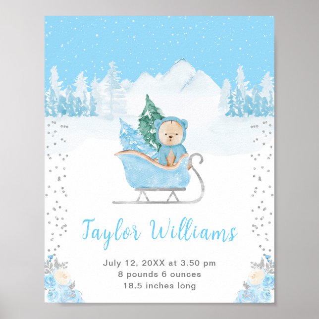 Affiche Hiver Bear Blue Sleigh Statistiques de naissance (Devant)