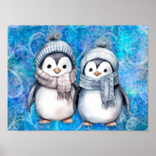 Affiche Hiver Bleu Aquarelle Pingouins Écarts Casquette