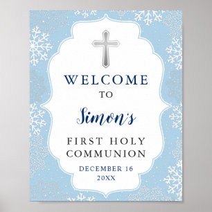 Affiche Hiver Blue Snowflakes Garçon première sainte commu