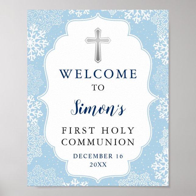 Affiche Hiver Blue Snowflakes Garçon première sainte commu (Devant)