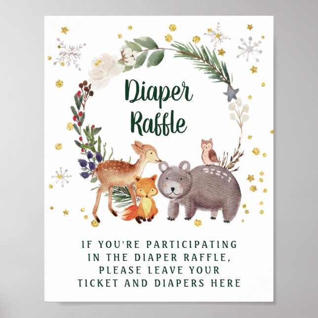 Affiche Hiver Bois Animaux Baby shower Déchets Raffle (Devant)