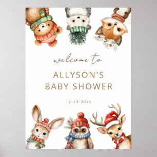 Affiche Hiver Bois animaux baby shower signe de bienvenue