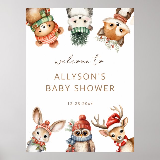 Affiche Hiver Bois animaux baby shower signe de bienvenue (Devant)