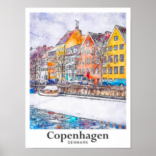 Affiche Hiver Copenhague Danemark Aquarelle Main tirée