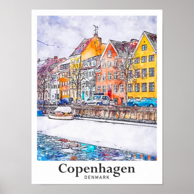 Affiche Hiver Copenhague Danemark Aquarelle Main tirée (Devant)