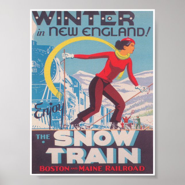 Affiche Hiver en Nouvelle-Angleterre, Train à neige, Ski V (Devant)