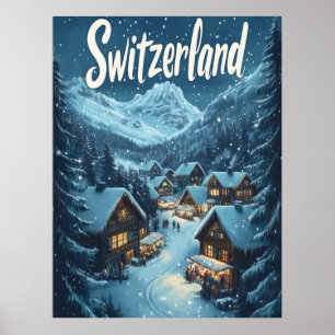 Affiche Hiver en Suisse : scène de village de montagne