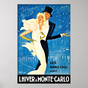 Affiche Hiver européen vintage à Monte Carlo Voyage