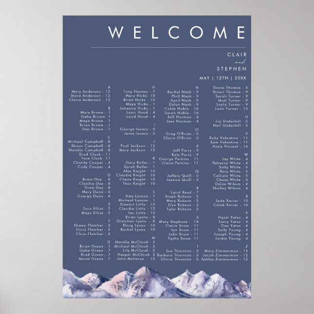 Affiche Hiver Mountain Soirée Alphabétique Carte des siège (Devant)