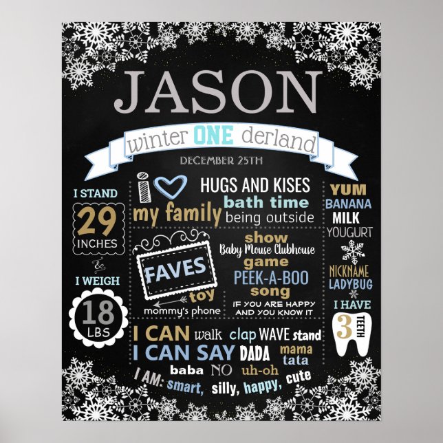Affiche Hiver Onederland Anniversaire Chalkboard garçon (Devant)