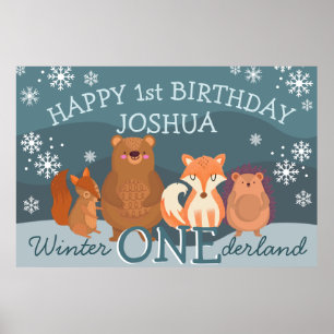 Affiche Hiver Onederland bois animaux 1er anniversaire