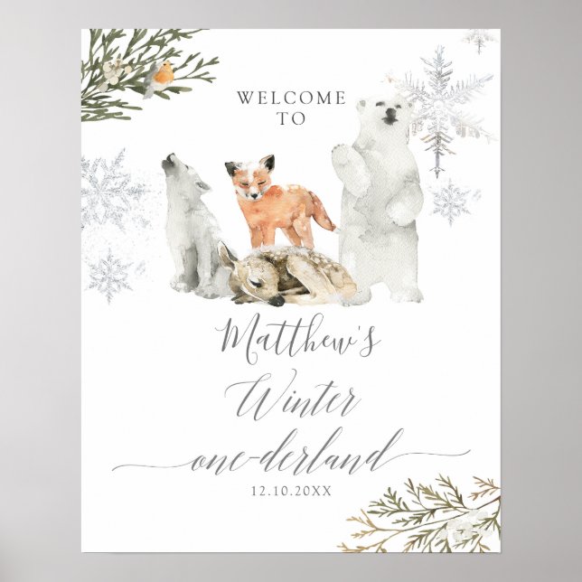 Affiche Hiver Onederland Bois Animaux Anniversaire Bienven (Devant)