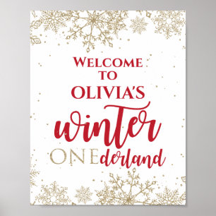 Affiche Hiver Onederland Rouge 1er Anniversaire Flocons de