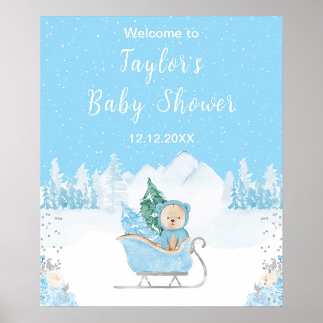 Affiche Hiver Ours Bleu Baby shower couleigh Bienvenue (Devant)