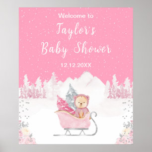 Affiche Hiver Ours rose Baby shower de traîneau Bienvenue