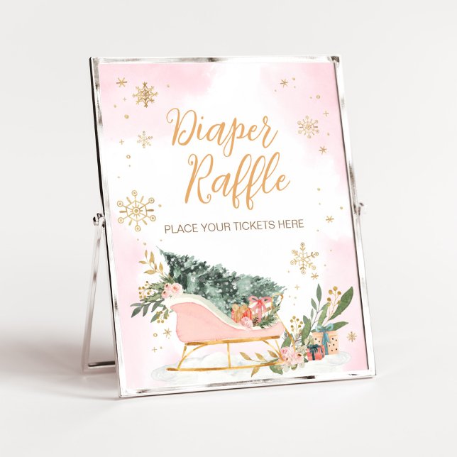 Affiche Hiver Rose or Snowflake Déchets Raffin (Pink Sleigh Baby Shower Diaper Raffle Sign)