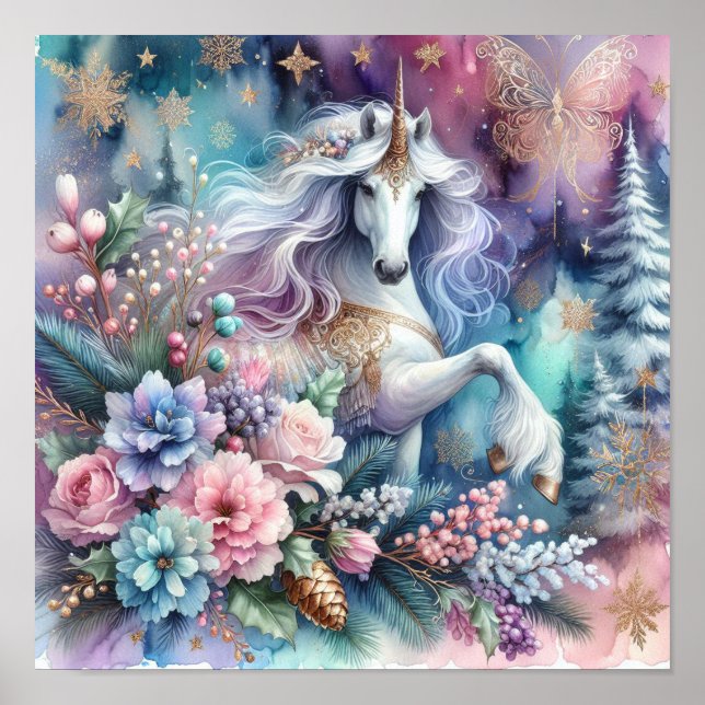 Affiche Hiver Unicorne scène magique 4 (Devant)