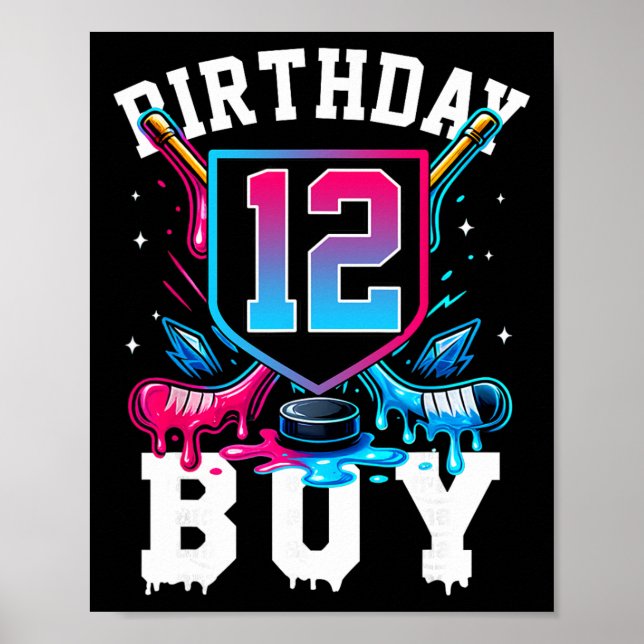 Affiche Hockey 12e anniversaire garçon glace goutte 12 ans (Devant)