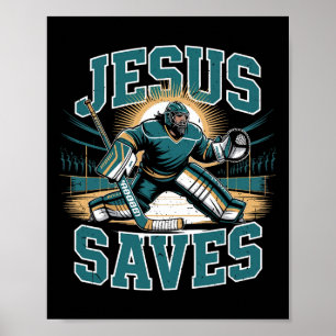 Affiche Hockey chrétien Jésus sauve Humour de gardien de b