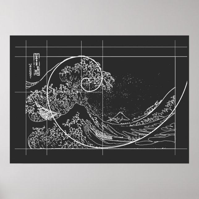 Affiche Hokusai rencontre Fibonacci linéaire noir et blanc (Devant)