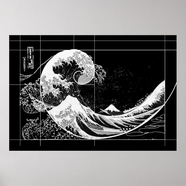 Affiche Hokusai rencontre Fibonacci, noir et blanc (Devant)